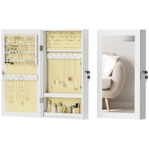 Dulapior oglinda pentru bijuterii montabil pe perete, MDF, 36.5x9.5x67 cm, oglinda 27.8x58.3 cm, 2 chei, capacitate 5kg, alb - Verificat A · Re-Bloom
