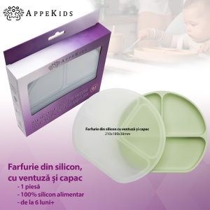 Farfurie compartimentata din silicon cu ventuza si capac, AppeKids - Raw Green - Img 2