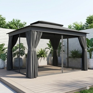 Foisor de gradina cu 2 niveluri, plasa tantari si perdele, 380x300x270 cm, acoperis UPF30+, coloane metal vopsit electrostatic, gri inchis - Verificat A · Re-Bloom - Img 2