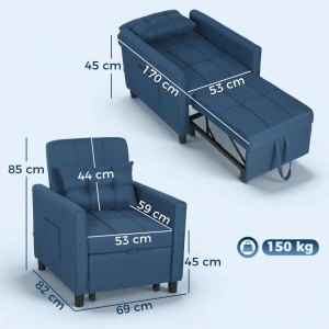 Fotoliu reclinabil Re-Bloom, textil efect in/otel/eucalipt/spuma, fotoliu 69x82x85 cm, pat 53x170x45 cm, perna inclusa, 150 kg, albastru - Verificat A · Re-Bloom - Img 3