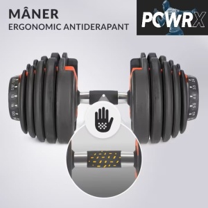Gantera ajustabila, 15 setari de greutate, POWRX, maner antiderapant, pentru incepatori si intermediari, lungime 43 cm, 2.3 - 24 kg, Resigilat, Grad A - Img 4
