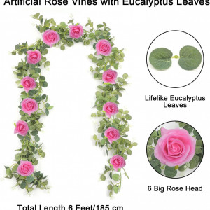 Ghirlanda artificiala cu trandafiri Homodeco, plastic/matase, verde/roz, 185 cm - Img 8
