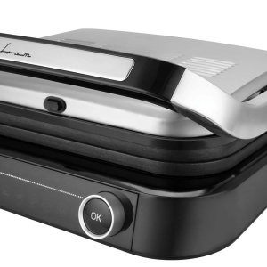 Grill electric Fram FEG-2100SSBK, Putere 2100W, Deschidere 180˚, Placi detasabile, 7 programe presetate, Temperatura reglabila, Argintiu/Negru
