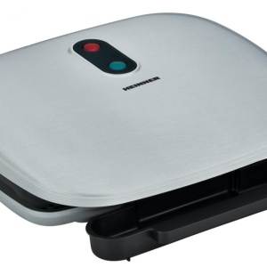 Grill electric Heinner HEG-F1000SL, Putere 1000W; Placi fixe turnate 27 X 23 cm, Invelis antiaderent, Maner rece, Indicator luminos, Tava pentru colectare ulei, Argintiu - Img 1