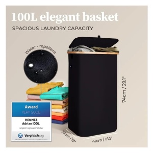 Hennez cos rufe premium 100 L, capac, bambus, punga interioara plasa detasabila, rezistent la mucegai, negru - Verificat A · Re-Bloom - Img 3