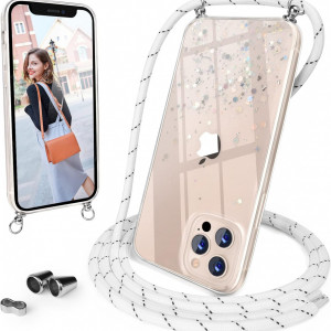 Husa cu snur pentru iPhone 13 Pro UNDEUX, silicon/textil, alb/transparent, 6,1 inchi - Img 1