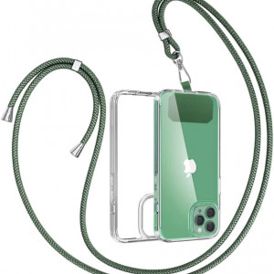 Husa de protectie cu snur pentru iPhone 12 Pro Max Gumo, TPU/poliester, transparent/verde inchis, 6.5 inchi