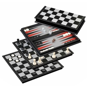 Joc de societate 3 in 1 de sah, table si dame RCO, 62 piese magnetice, pliabil, 32 x 32 cm, CB02