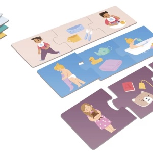 Joc educational pentru copii, Puzzle Trio cu Rutine zilnice, KuKiKuk Efko, 8 perechi, 24 piese mari, carton gros, animatii colorate haioase, varsta 2-5 ani - Img 2