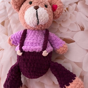 Jucarie de plus ursuletul Marty, lucrata manual, handmade, textil, roz/mov, 27 cm