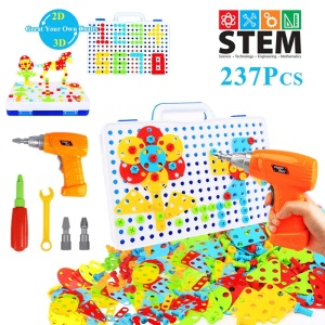 Jucarie educativa si interactiva STEM, set de constructie puzzle din ABS cu bormasina pentru inginerie 2D si 3D cu 237 piese, carcasa portabila, +3, WW2004 - Img 5