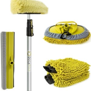 Kit de curatare auto DOCA, tija telescopica 3,6 m si 5 accesorii, aluminiu/microfibra, galben/argintiu