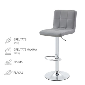 Kiwari Lior set 2 scaune bar reglabile, sezut PU/spuma, baza rotativa crom, 38x34cm, inaltime 87-107cm, sezut 59-79cm, capacitate 120kg, design modern, gri - Verificat A · Re-Bloom - Img 4