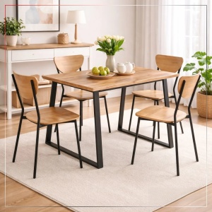 Kiwari Oka set masa + 4 scaune, MDF/metal, masa 110x70x75cm 16kg + scaune 44x45x82cm 3kg, capacitate masa 30kg/scaun 100kg, stejar natural/negru - Verificat A · Re-Bloom - Img 4