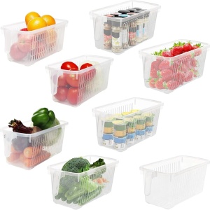 Kurtzy set 8 organizatoare frigider/bucatarie, plastic fara BPA transparent, 27x13x13 cm (lungime totala 32cm cu maner), stivuibile - Verificat A · Re-Bloom - Img 1