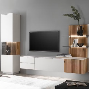 Lazori raft perete LED 82x133x28 cm, 2 rafturi sticla, panou stejar masiv uleiat, suport MDF lacuit, alb/stejar bianco - Verificat A · Re-Bloom - Img 2