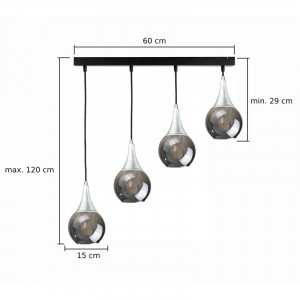 Lustra tip pendul Creasy, 4 lumini, metal/sticla, negru/argintiu/gri, 15 x 60 x 120 cm