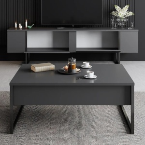Luxe comoda TV 180x30x50 cm, PAL, 2 usi, rafturi, picioare metal, negru si antracit - Verificat A · Re-Bloom - Img 6