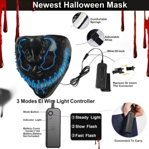 Masca cu LED pentru Halloween Shengruili, plastic, negru/ albastru, 23 x 18 cm 