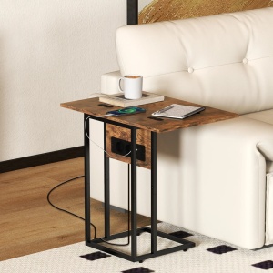 Masuta de cafea extensibila tip C cu 2 statii incarcare Re-Bloom, MDF/metal, 39x29x57 cm, blat 39x29-58 cm, USB+USB-C 5V2A, 10 kg, maro rustic/negru - Verificat A · Re-Bloom - Img 2