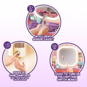 Masuta de Machiaj jucarie Rovo 959, Oglinda cu Lumini LED si Muzica, Robinet cu senzor, Dispenser Sapun, 23 piese - Img 4