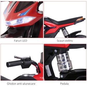 Motoreta electrica copii Re-Bloom, 6V 500mA, PP/metal, 105x52.3x62.3 cm, suspensie dubla, muzica+lumini, 3 km/h, autonomie 45 min, varsta 3-6 ani, 30 kg, rosu/negru - Verificat A · Re-Bloom - Img 5