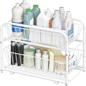 Organizator pentru dulap Songmics, 2 nivele, otel/plastic, alb, 35,8 x 21,6 x 27,2 cm, Resigilat, Grad A