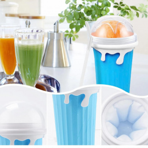 Pahar magic pentru inghetata/ slushy/ smoothie/ granita Gohhme, polipropilena, albastru/alb, 500 ml