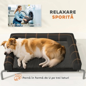 Pat ridicat pentru caini cu perna U, Oxford/Textiline/bumbac PP/otel, 110x75x30 cm, suprafata 94x75cm, inaltime picioare 19.5cm, perna 10cm, negru/argintiu - Verificat A · Re-Bloom - Img 5