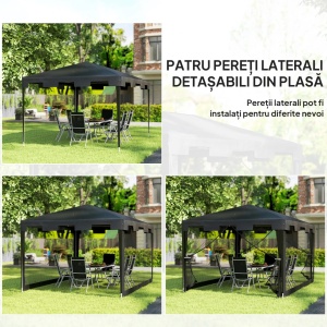 Pavilion pliabil 4x3 m cu plasa tantari 395x295 cm, inaltime 255 cm, 4 pereti plasa, 2 usi fermoar, metal vopsit pulbere, PE rezistent UV, gri inchis - Verificat A · Re-Bloom - Img 4