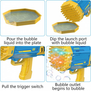Pistol electric pentru baloane de sapun Leonshco, plastic, albastru/galben, 21,5 x 22 cm