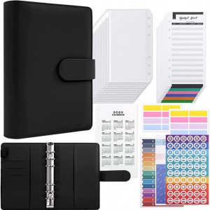 Planificator de buget cu plicuri si etichete Iycorish, PU/hartie/plastic, negru, 19 x 13 cm