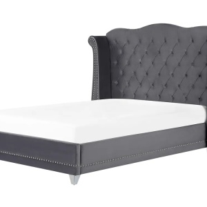 Produs Resigilat Pat matrimonial Re-Bloom Ayette, 160x200 cm, catifea/eucalipt/fier/pin/placaj, somiera 30 lamele arc, tablie 205x154 cm, 220 kg, gri - Verificat A