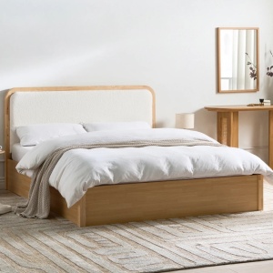 Produs Resigilat Pat matrimonial Re-Bloom Perouges, 160x200 cm, MDF/lemn cauciuc/textil, somiera 32 lamele arc, tablie 170x104 cm, 150 kg, natur - Verificat A - Img 2