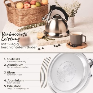 Pykal ceainic cu fluier, otel inoxidabil, 3L, 2 infuzoare, maner iCool, Argintiu - Verificat A · Re-Bloom - Img 5