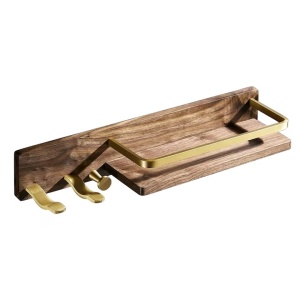 Raft de baie cu suport pentru uscatorul de par Kelelife, lemn/metal, maro/auriu, 45 x 8 x 11,5 cm - Img 1