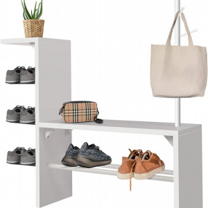 Raft de pantofi cu bancheta si 5 rafturi Uyoyous, alb, lemn/metal, 89 x 107,5 x 30 x 117 cm