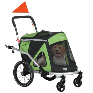 Remorca de bicicleta 2in1 carucior pentru caini pliabil, aluminiu/tesatura Oxford, 150x68x95 cm pliat 94x43x20 cm, roti 6"/16", capacitate 30kg, potrivita caini pana la 20kg/49cm, verde/negru - Verificat A · Re-Bloom