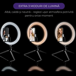 Ring Light Lampa Circulara REVOSE™, Diametru 26cm/10inch LED, Lumina Naturala/Rece/Calda, 15 culori RGB, Trepied Inclus, Telecomanda Bluetooth - Img 3