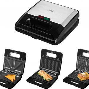 Sandwich-maker ECG S3173 3in1 Triangle, 750W, 3 tipuri de placi detasabile, negru-otel inoxidabil - Img 2