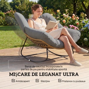 Scaun balansoar de terasa, metal/ratan sintetic/poliester, 97x107x79 cm, sezut 60x60cm/inaltime 40cm, perna 136x128x10cm inclusa, capacitate 120kg, lemn natural/gri - Verificat A · Re-Bloom - Img 3