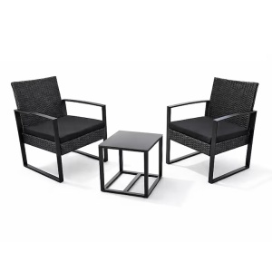 Set 12 x set mobilier Kiwari Terrace, masa 40x40x41 cm + 2 scaune 59x63x73 cm, metal/plastic/ratan, perne incluse, gradina/terasa/balcon, negru