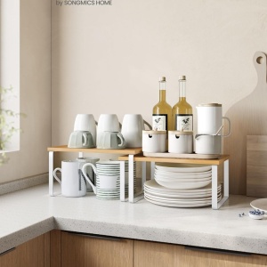 Set 2 rafturi de depozitare pentru bucatarie Songmics, lemn/metal, alb/natur, Resigilat, Grad A - Img 4