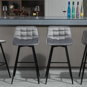 Set 2 scaune de bar stil nordic cu spatar si suport picioare, poliester/metal, 45x47x88 cm, sezut 42x35cm/inaltime 64.5cm, spatar 42.5x22.5cm, capacitate 120kg, gri/negru - Verificat A · Re-Bloom - Img 2