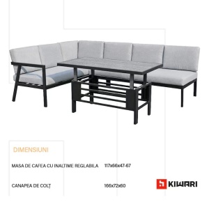 Set 2 x set mobilier gradina Kiwari Montverde, canapea coltar 6 locuri 72/67x166/160x60 cm + masa reglabila 117x63.5x47-67 cm, cadru metal, 9 perne detasabile, terasa/gradina, negru/gri - Img 5