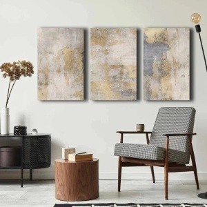 Set 3 tablouri decorative canvas, 3x45x70 cm, dimensiune totala 145x70 cm, panza 100% 2.8mm, cadru lemn pin 100%, gri/auriu - Verificat A · Re-Bloom - Img 4