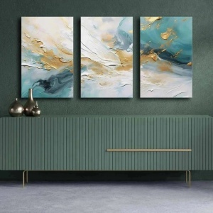 Set 3 tablouri decorative canvas 45x70 cm, panza 100% grosime 2.8mm, rama lemn pin 100%, dimensiune totala 145x70 cm, alb/auriu/albastru - Verificat A · Re-Bloom