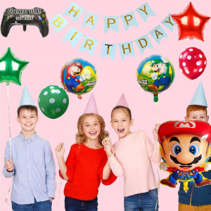 Set aniversar animat pentru copii CMDXBD, model Super Mario, latex/folie, rosu/verde, 28 piese