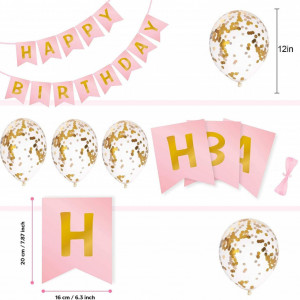 Set aniversar cu 1 banner si 5 baloane cu confetti DAIRF, latex/hartie, roz/alb/auriu, 47 cm / 20 x 16 cm - Img 4