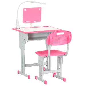Set birou + scaun ergonomic pentru copii 6-12 ani, PP/MDF/otel, birou 60x45x90-102cm + scaun 40x36x70-74cm, inaltime reglabila, lampa LED 5W, sertar, suport carti, roz - Verificat A · Re-Bloom
